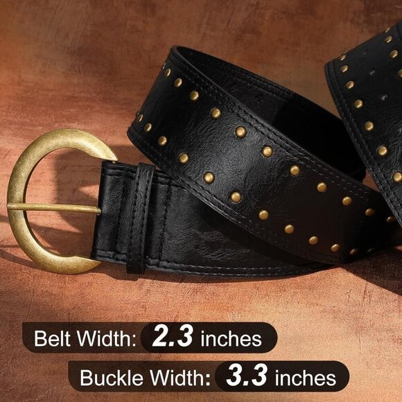 Wide Chunky Studded Leather Belt – 2.3” Vintage Waist Belt with Brass Buckle main image 6